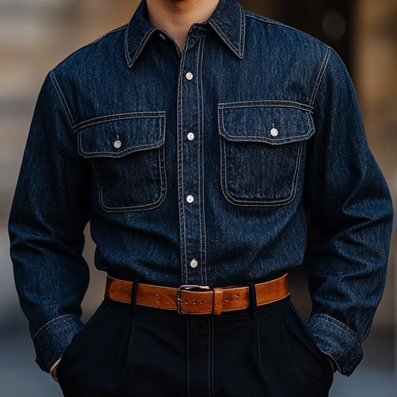 Men's Vintage Dark Blue Denim Long Sleeve Shirt 83904215U