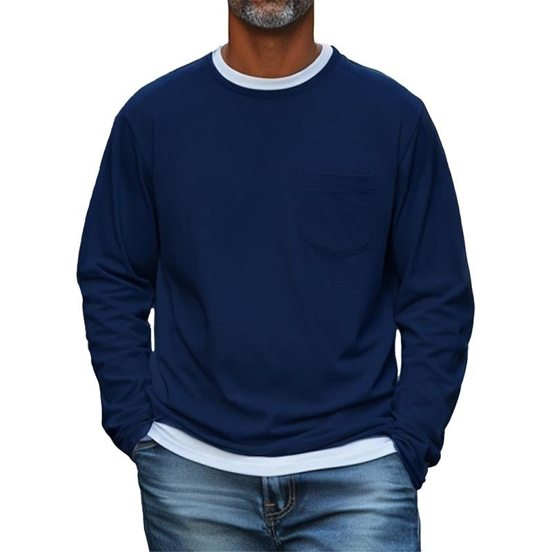 Men's Solid Color Chest Pocket Round Neck Long Sleeve T-Shirt 12455415Y