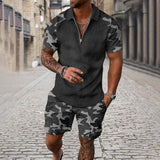 Men's Camouflage Print Short Sleeve Zip Shorts Set 95337992X