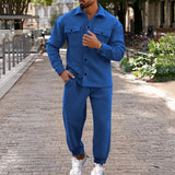 Men's Casual Solid Color Suede Lapel Single-Breasted Slim Jacket Sweatpants Set 09129550M