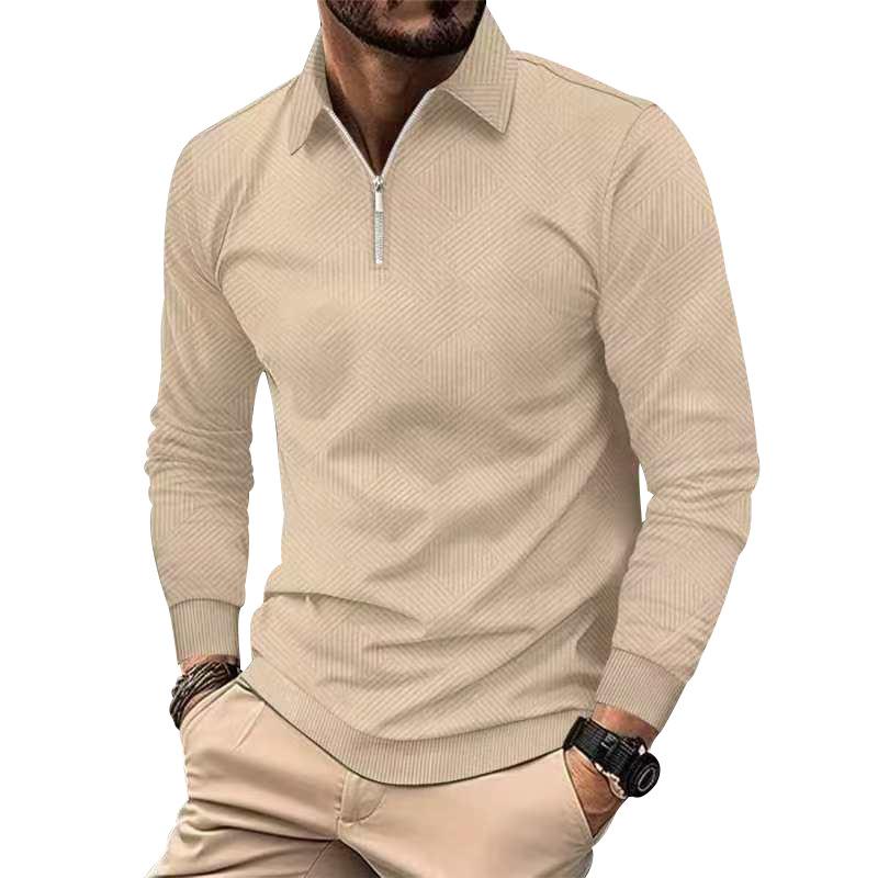 Men's Solid Color Jacquard Lapel Long Sleeve Casual Polo Shirt 35873953Z