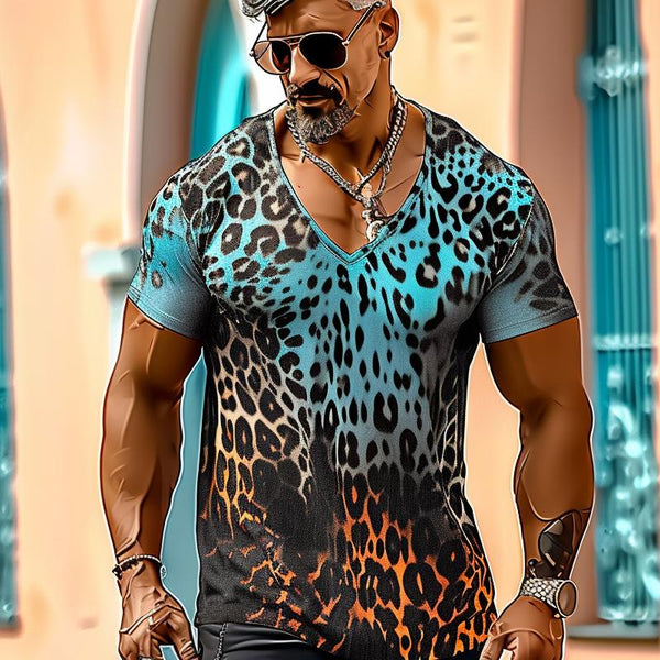 Men's Gradient Leopard Print V-Neck Short-Sleeved T-Shirt 06950279Y