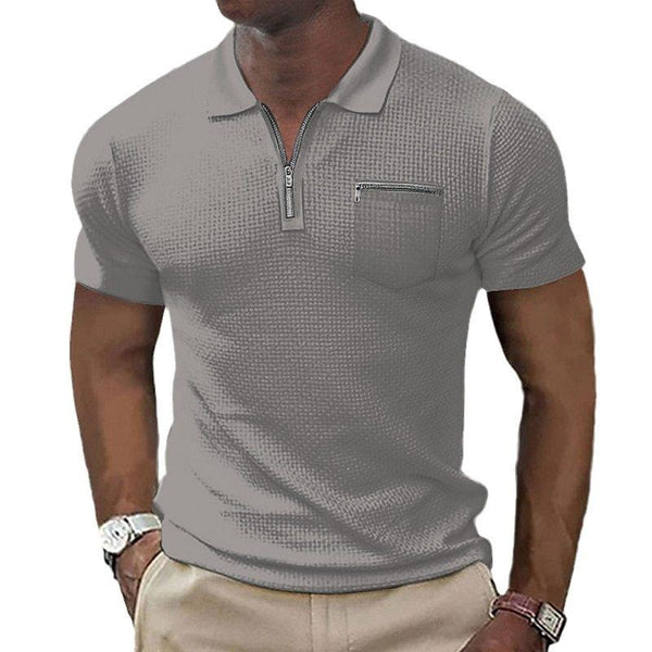 Men's Solid Waffle Lapel Chest Poacket Short Sleeve Polo Shirt 04421891Z