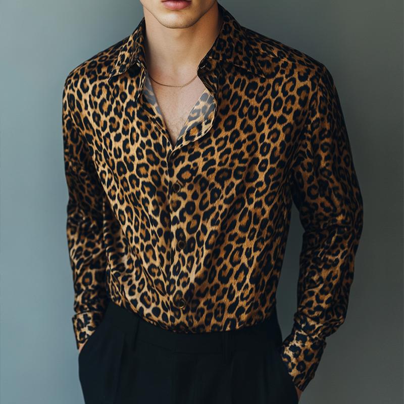 Men's Retro Casual Leopard Print Lapel Long Sleeve Shirt 53775286TO