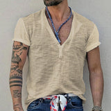 Men's Casual Solid Color Henley Collar Short Sleeve T-Shirt 12790531Y