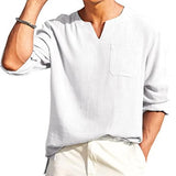 Men's Casual Solid Color V-Neck Chest Pocket Long Sleeve Shirt 89776575Y