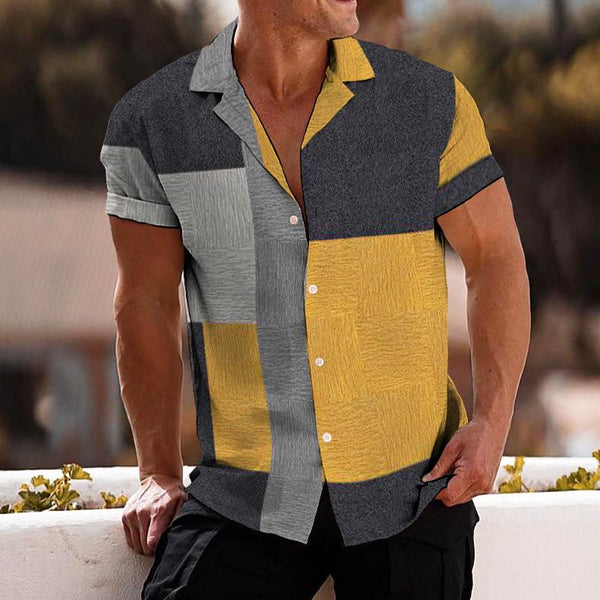 Men's Retro Color Block Geometric Lapel Short Sleeve Shirt 83428244TO