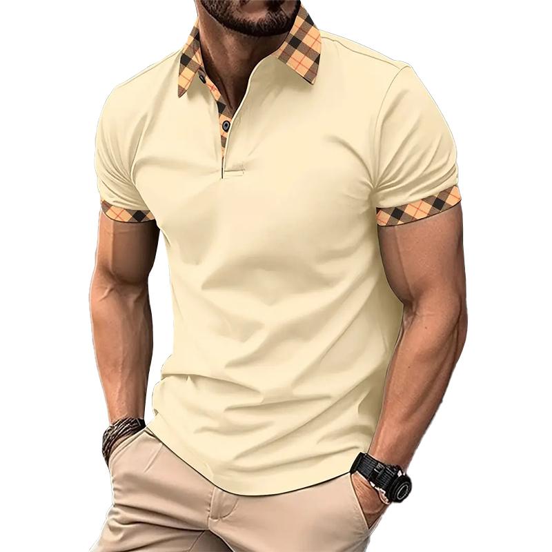 Men's Casual Lapel Plaid Pattern Slim Fit Short Sleeve Polo Shirt 22986614M