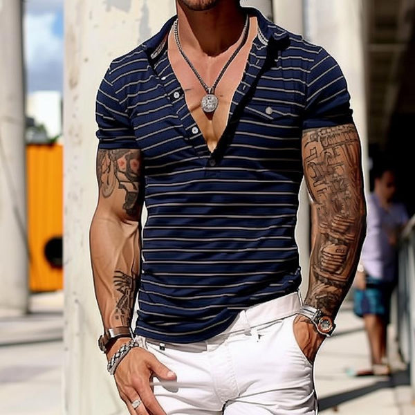 Men's Striped Chest Pocket Button V-Neck Short-Sleeved Polo Shirt 52845608Y
