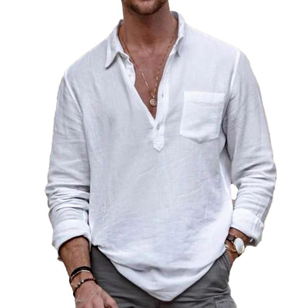 Men's Casual Solid Color Button Lapel Breast Pocket Long Sleeve Shirt 60972671Y