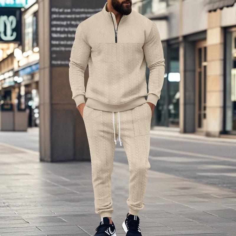 Men's Fashionable Solid Texture Loose Stand Collar Long Sleeve Sweatshirt Trousers Casual Set 65263810Z