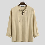 Men's Classic Casual Drawstring Cotton And Linen Stand Collar Long Sleeve Shirt 26791234K