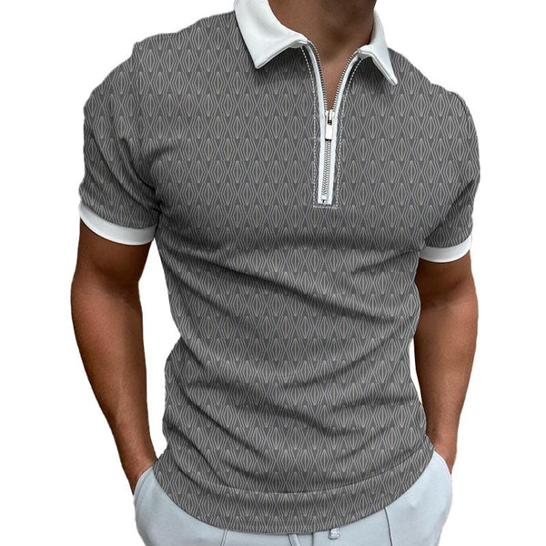 Men's Casual Printed Zipper Lapel Short Sleeve Polo Shirt 55762473M
