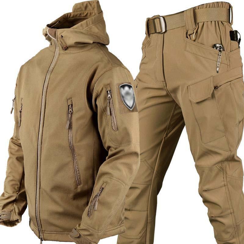 Men's Classic Outdoor Thickened Warm Windproof Shark Leather Soft Shell Jacket Sports Pants Set 47979732K