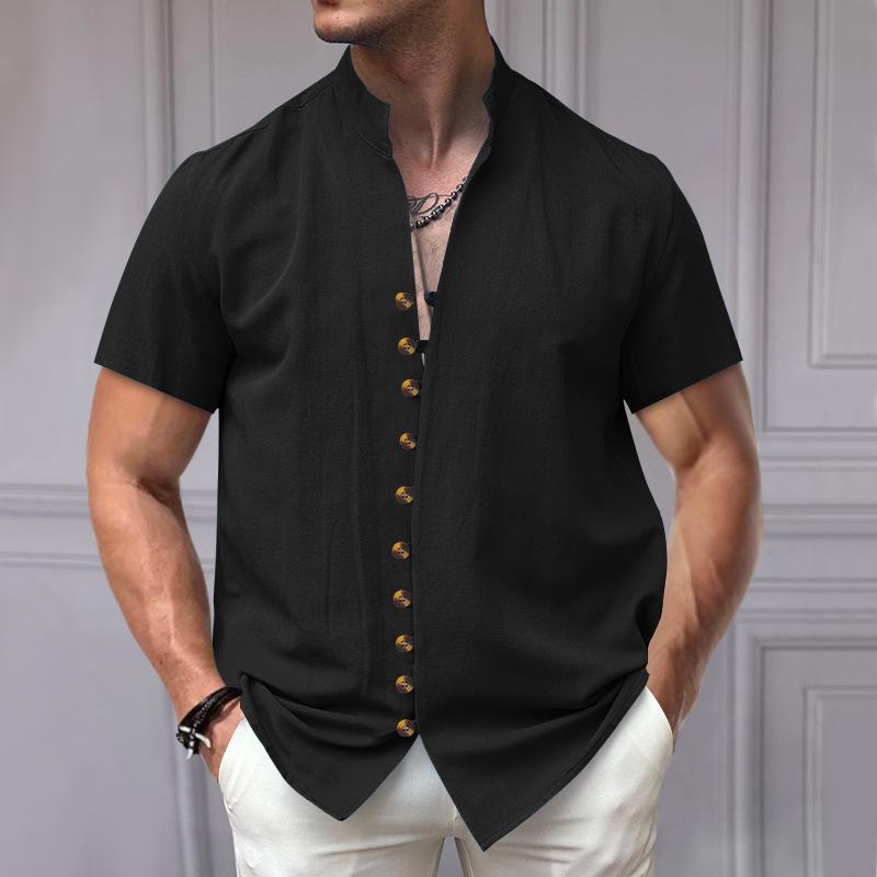 Men's Casual Cotton Linen Button-down Stand Collar Loose Short-sleeved Shirt 49952323M