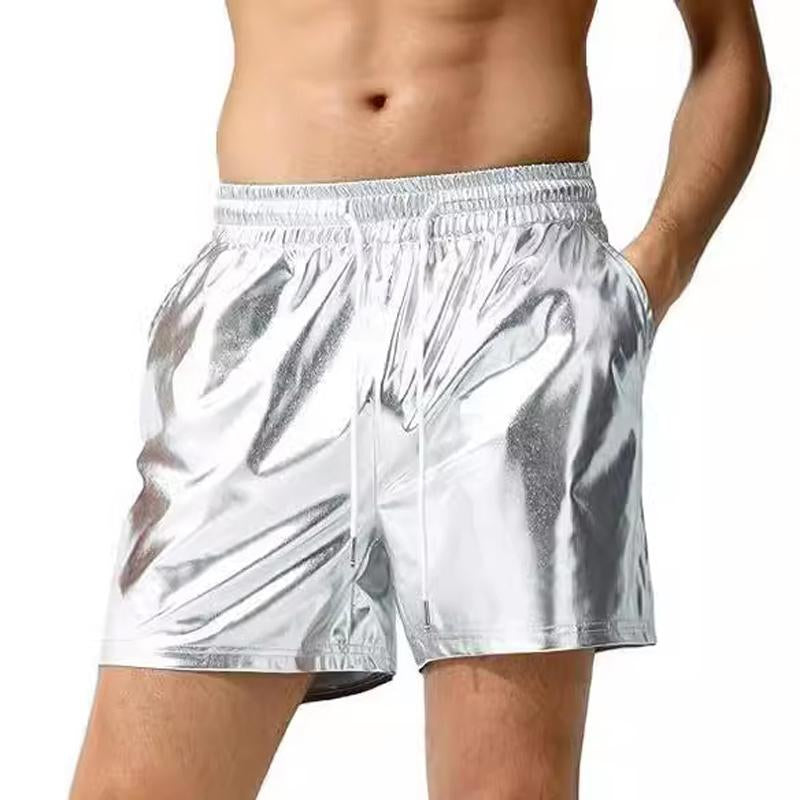 Men's Casual Solid Color Elastic Waist Shiny PU Shorts 98012478M