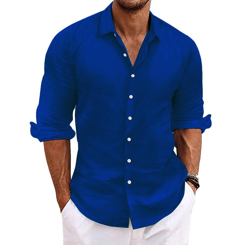 Men's Casual Solid Color Cotton Linen Long Sleeve Lapel Shirt 72929978M