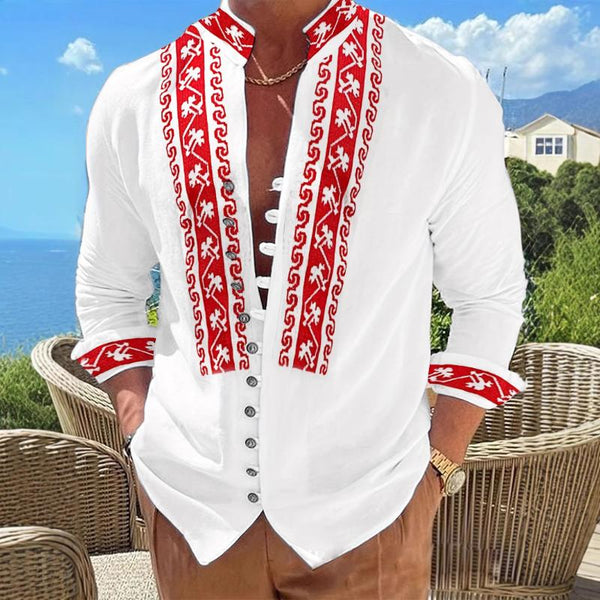 Men's Retro Casual Ethnic Style Geometric Print Stand Collar Long Sleeve Shirt 18288056TO