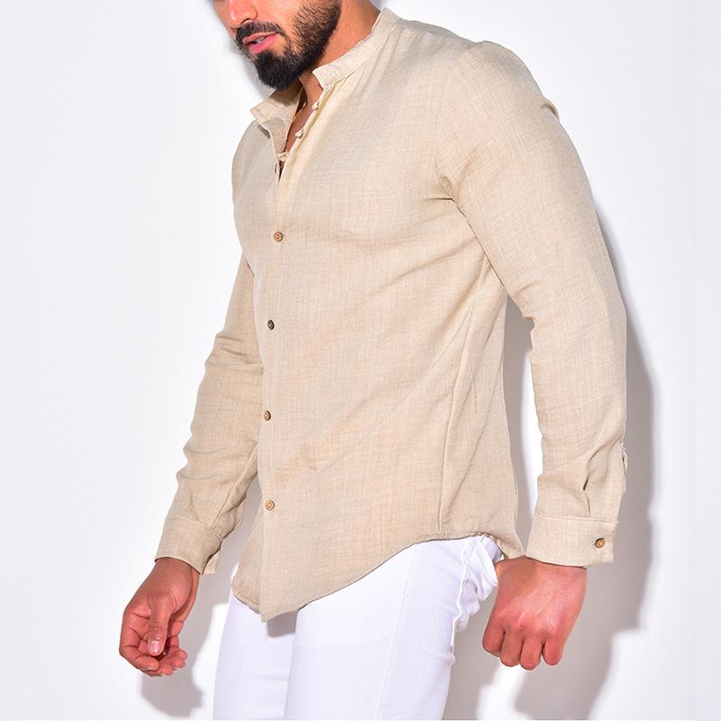 Men's Casual Cotton Linen Stand Collar Slim Long Sleeve Shirt 37012566M