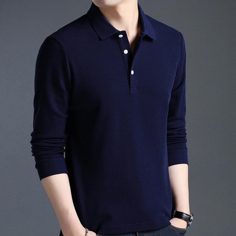 Men's Casual Solid Color Cotton Lapel Long Sleeve Polo Shirt 75523188M