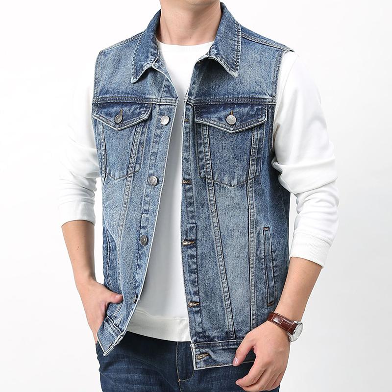 Men's Vintage Wash Lapel Single Breasted Multi Pocket Denim Vest 50562057M