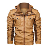 Men's Vintage Contrast Patchwork Stand Collar Hooded Zip Leather Fleece Jacket 43558015M