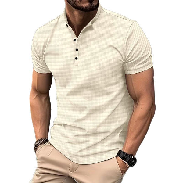 Men's Casual Solid Color Waffle Stand Collar Short Sleeve Polo Shirt 44107024M