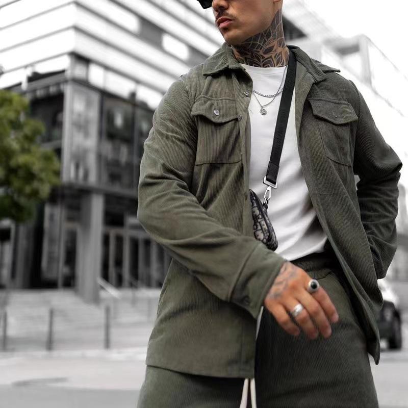 Men's Solid Lapel Long Sleeve Shirt And Elastic Waist Trousers Casual Set 51066842Z