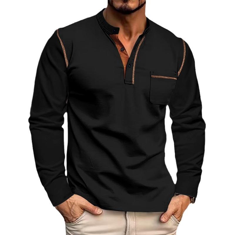 Men's Colorblock Henley Collar Breast Pocket Long Sleeve T-shirt 86794951Z