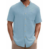 Men's Solid Color Stand Collar Chest Pocket Short Sleeve Shirt 76869423Y