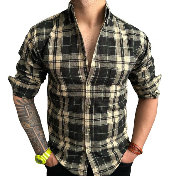 Men's Vintage Check Pocket Lapel Long Sleeve Shirt 00562118TO