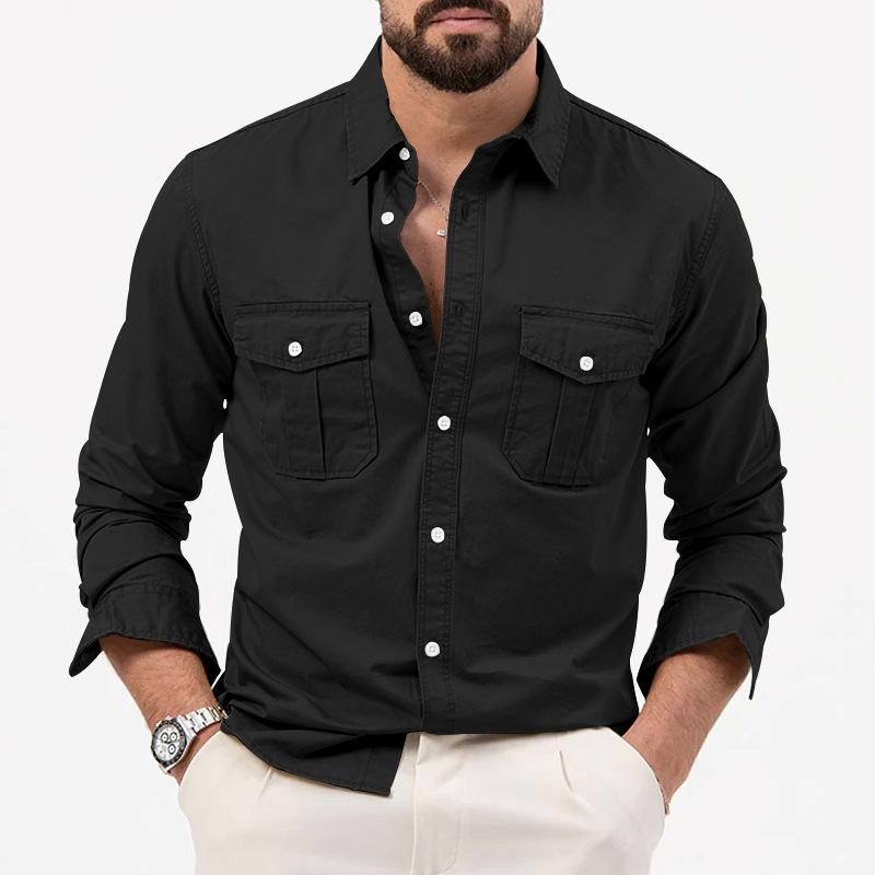 Men's Solid Lapel Breast Pocket Long Sleeve Cargo Shirt 74446815Z