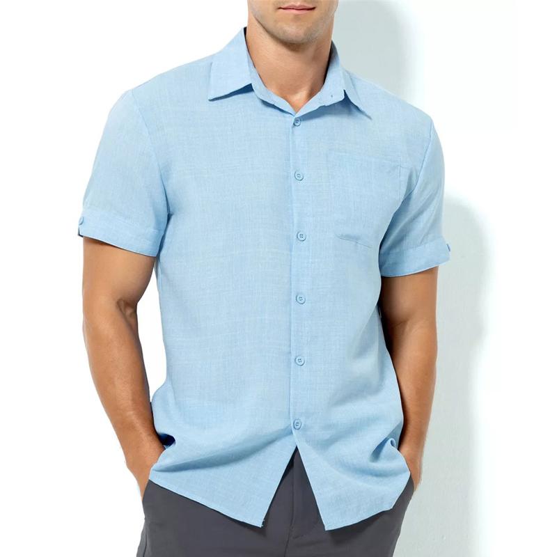 Men's Retro Vacation Solid Color Pocket Short Sleeved Shirt 65421677Y