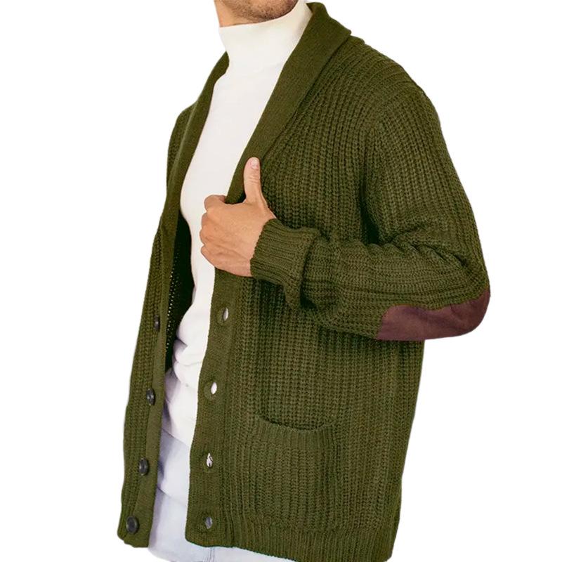 Men's Casual Suede Patchwork Lapel Long-Sleeved Knitted Cardigan 45333238M