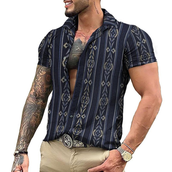 Men's Retro Geometric Striped Short Sleeve Shirt 23983610TO