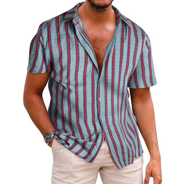 Men's Plaid Stripe Print Short Sleeve Lapel Beach Shirt 01156659X