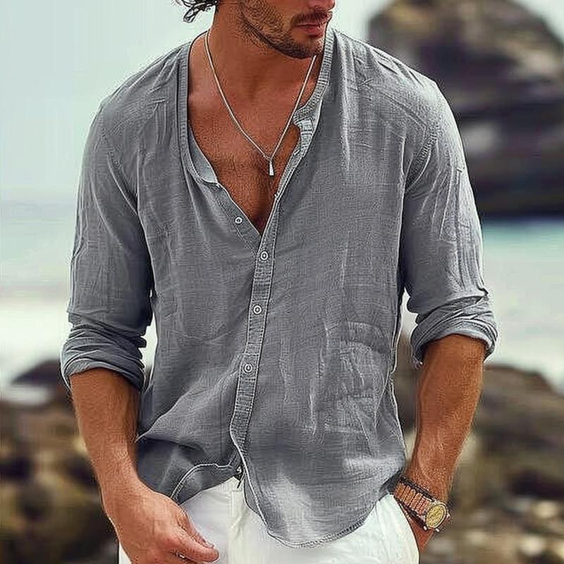 【Expédition 24h/24】Chemise décontractée à manches longues en coton et lin pour homme, col montant, simple boutonnage, 65382678M