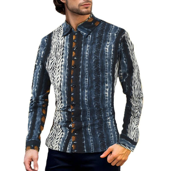 Men's Retro Ethnic Print Lapel Long Sleeve Shirt 60504814Y