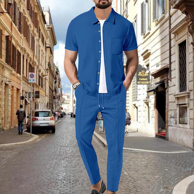 Completo da uomo con camicia e pantaloni a maniche corte in tinta unita a nido d'ape 59383797X