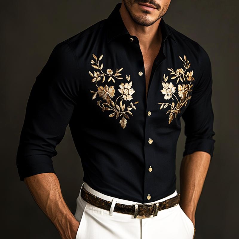 Men's Retro Casual Embroidered Lapel Long Sleeve Shirt 16533429TO