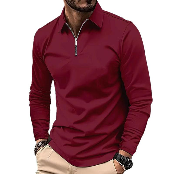 Men's Casual Solid Color Zipper Long Sleeve POLO Shirt  68016263Y