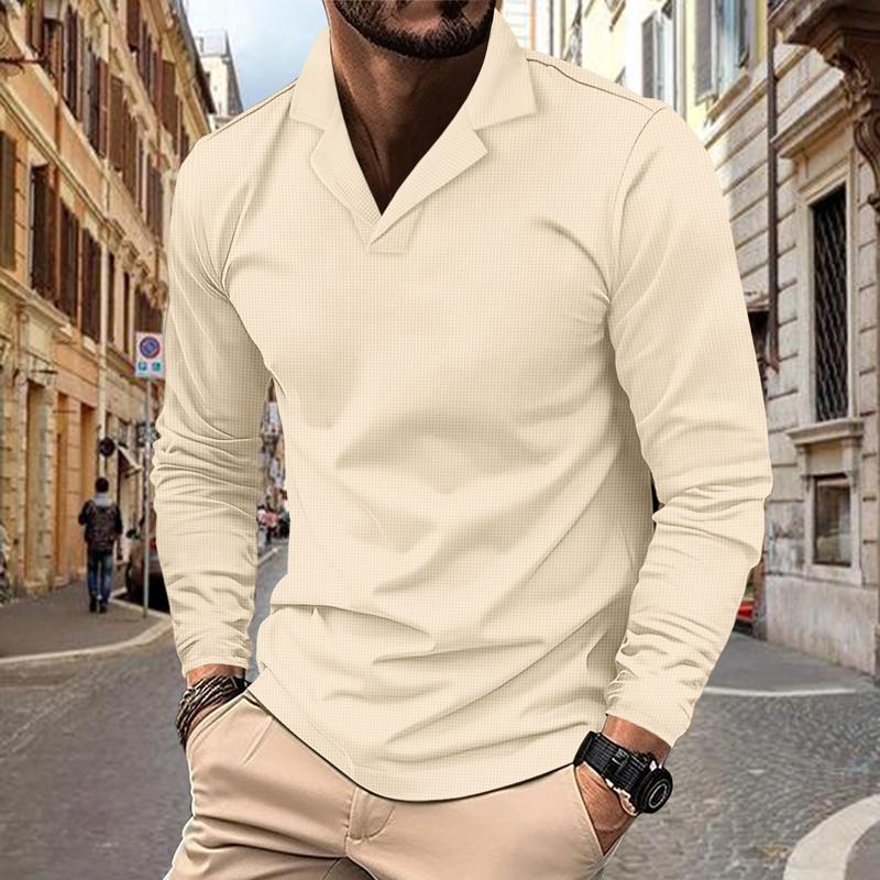 Men's Waffle Suit Collar Solid Color Casual Long Sleeve POLO Shirt 66426246X