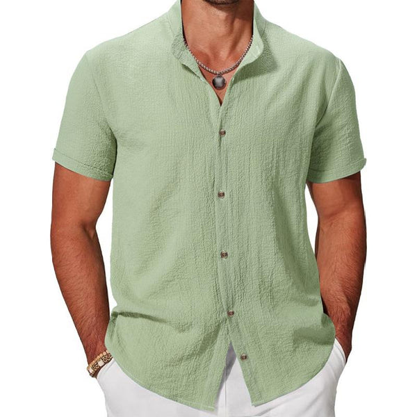 Men's Casual Cotton Linen Stand Collar Single Breasted Short Sleeve Shirt 19700465M