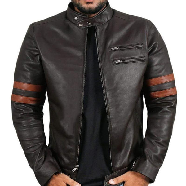 Men's Button Stand Collar Zip-Up Leather Jacket 21539051U