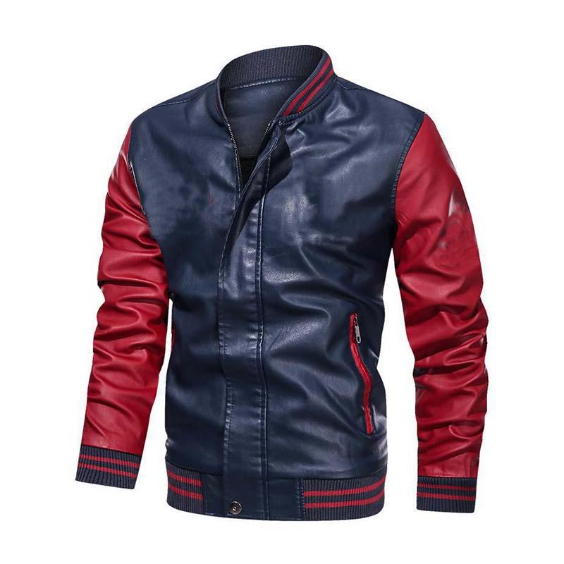 Men's Classic Casual Colorblock Zipper Stand Collar PU Leather Jacket 34793826K