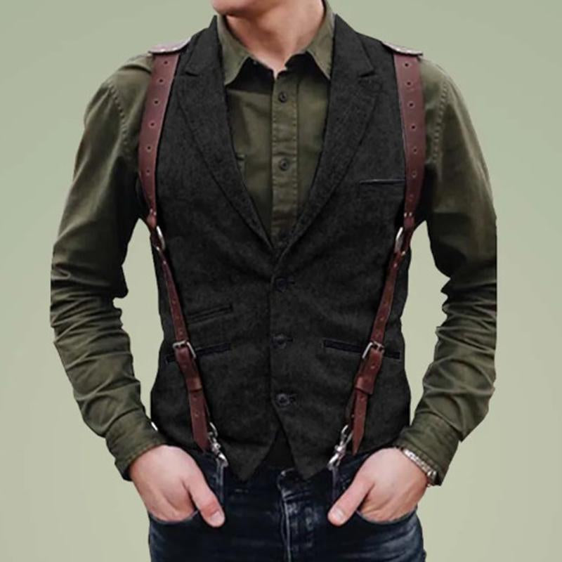 Men's Vintage Lapel Single-Breasted Multi-pocket Herringbone Vest 59356841M