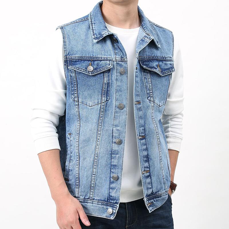 Men's Vintage Wash Lapel Single Breasted Multi Pocket Denim Vest 50562057M