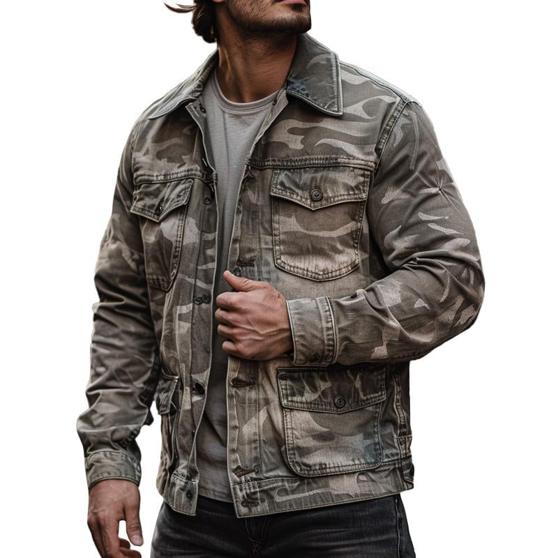 Veste cargo multi-poches décontractée pour homme, motif camouflage délavé, pour l'extérieur, 10857966M