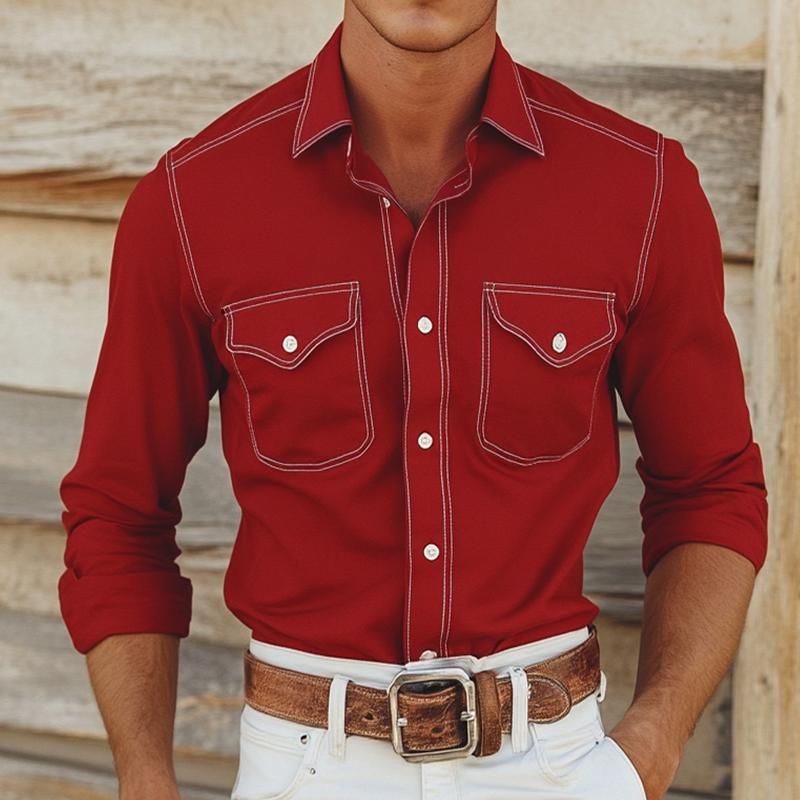 Men's Retro Casual Cowboy Pocket Lapel Long Sleeve Shirt 26429266TO