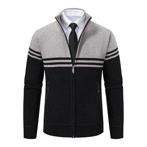 Men's Casual Stand Collar Color Block Thickened Long Sleeve Knitted Cardigan 85451449M